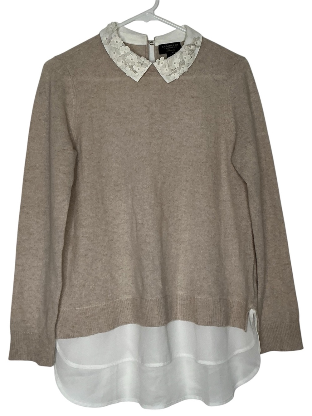 Cashmere Charter Club Luxury Beige Layered Sweater with Lace Collar Size Small